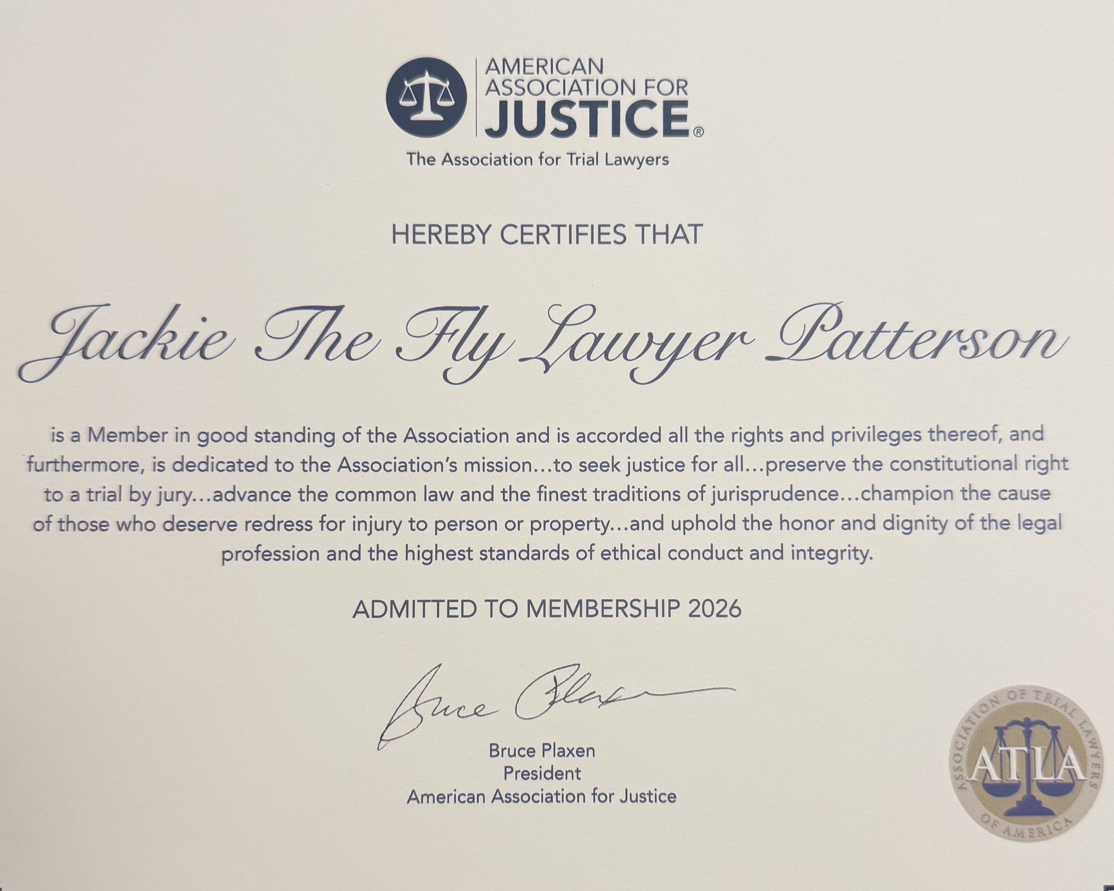 American Association for Justice membership certificate for Jackie “The Fly Lawyer” Patterson, admitted 2026