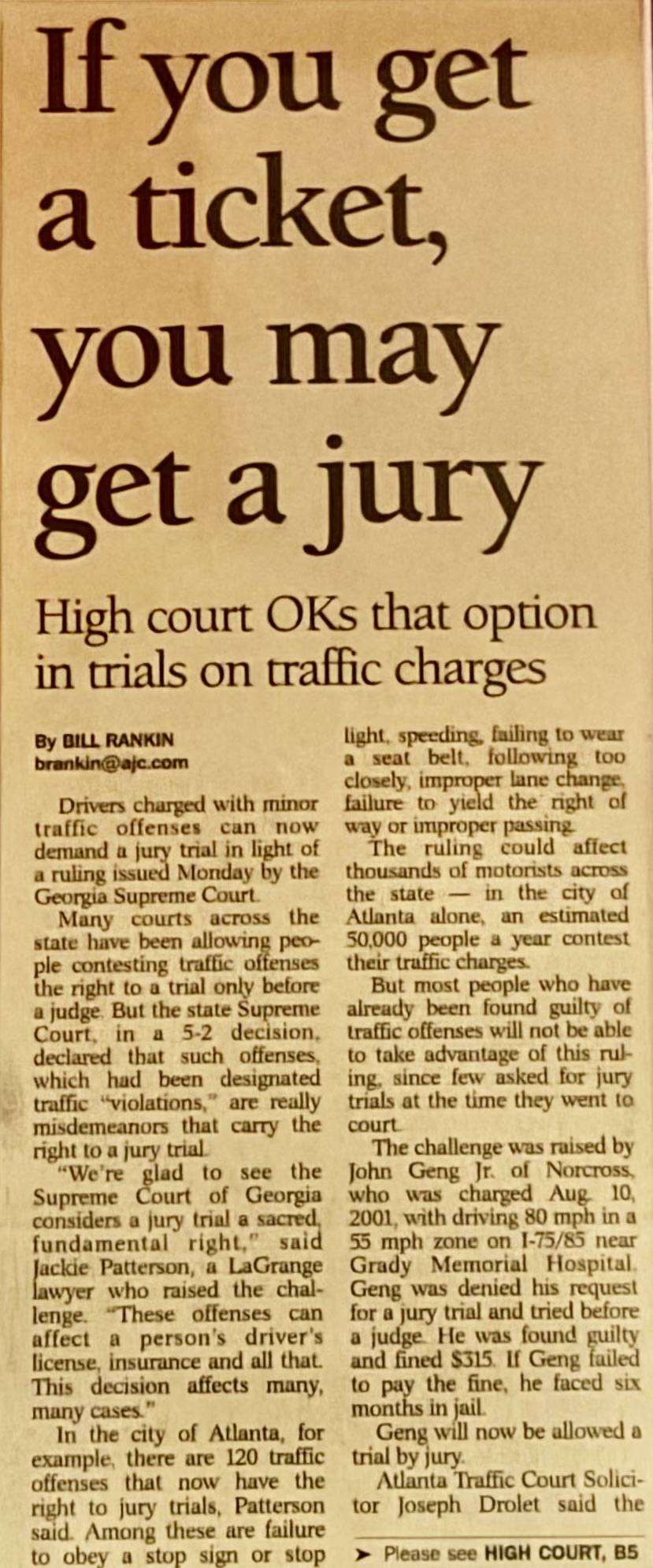 Atlanta Journal-Constitution article about the Georgia Supreme Court ruling Jackie Patterson won establishing the right to a jury trial on traffic charges
