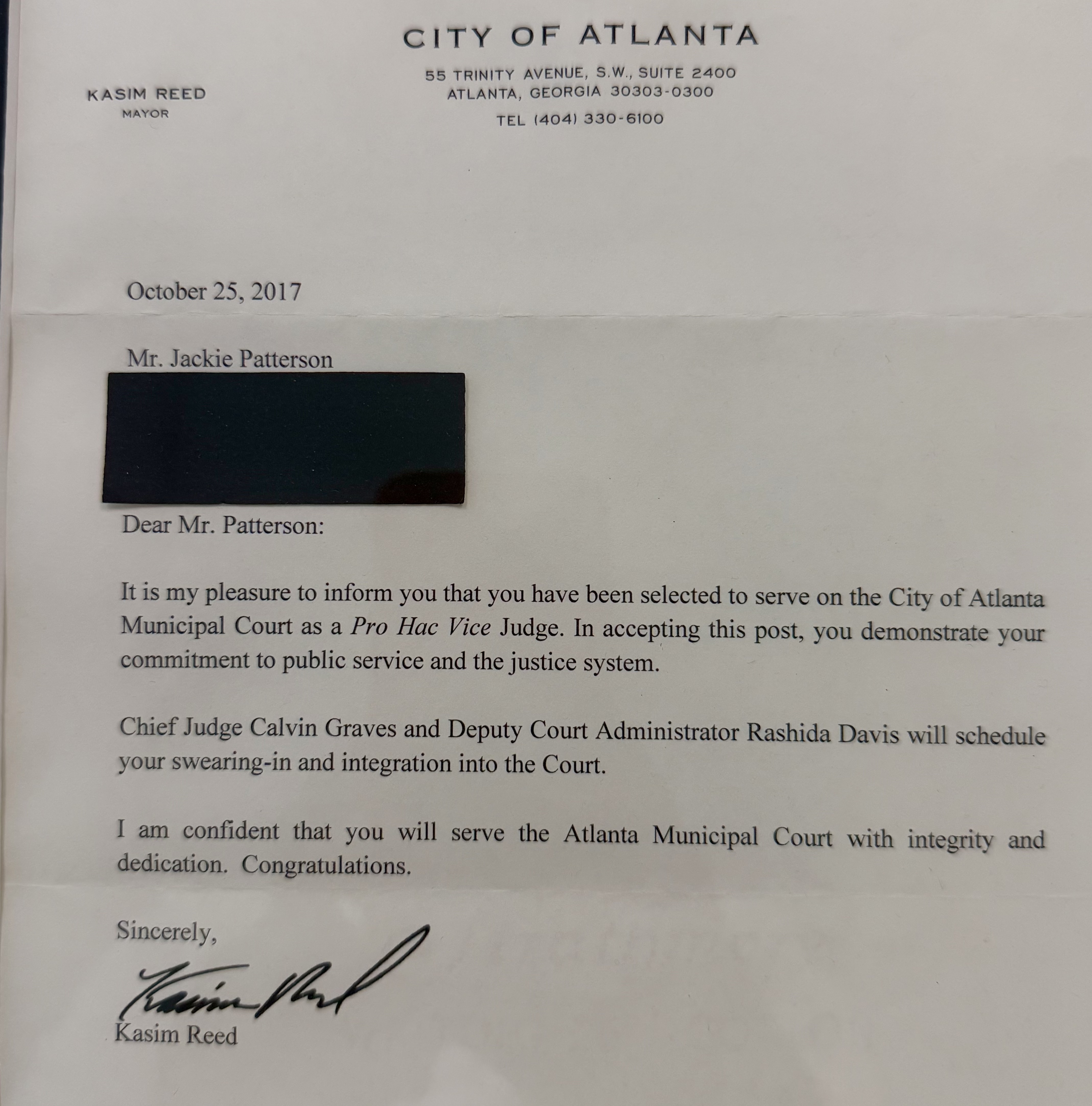 Letter from Atlanta Mayor Kasim Reed selecting Jackie Patterson to serve as a Pro Hac Vice Judge on the City of Atlanta Municipal Court, October 25, 2017