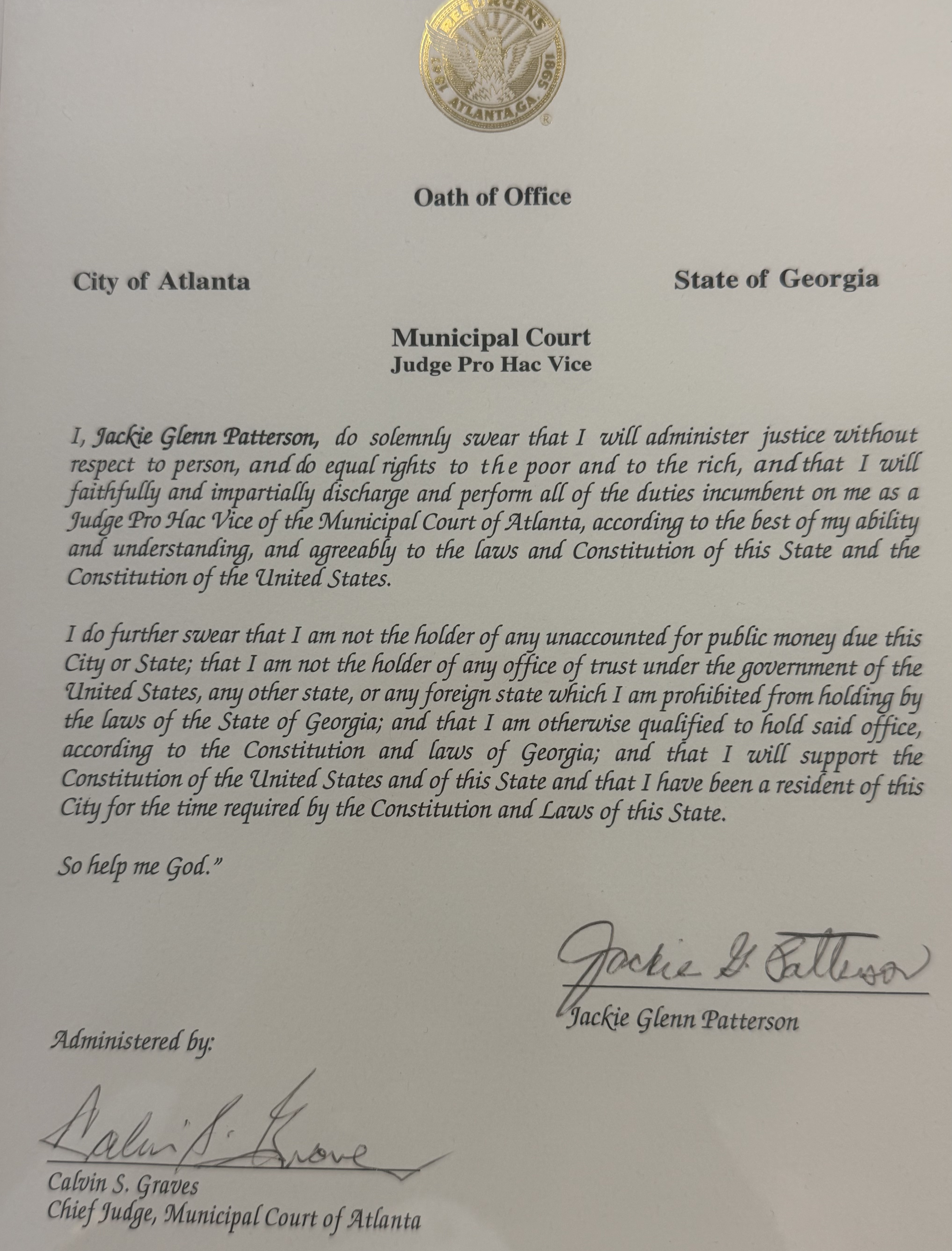 City of Atlanta Municipal Court Oath of Office signed by Judge Pro Hac Vice Jackie Glenn Patterson