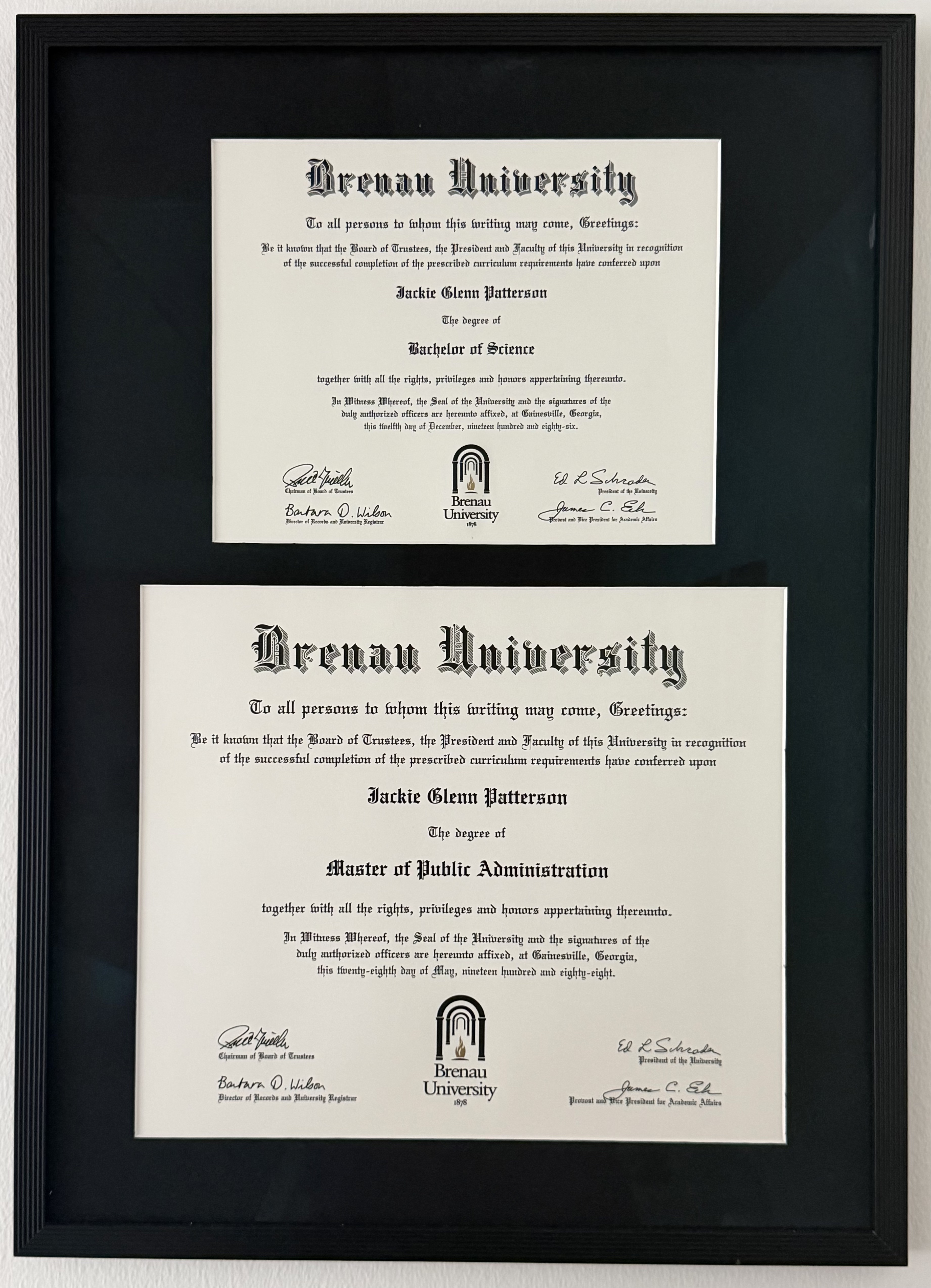 Framed Brenau University Bachelor of Science and Master of Public Administration degrees awarded to Jackie Glenn Patterson