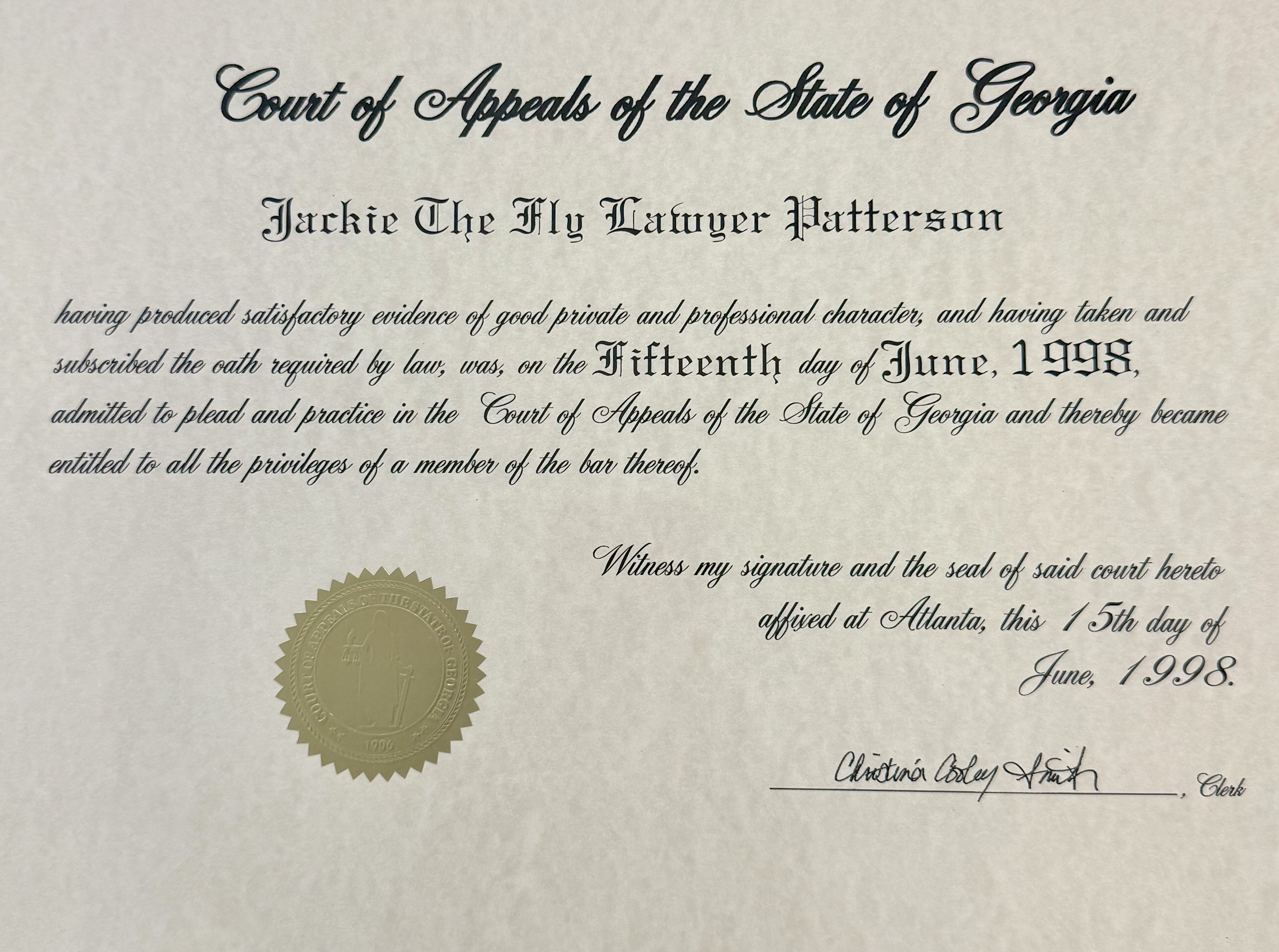 Certificate admitting Jackie “The Fly Lawyer” Patterson to plead and practice before the Court of Appeals of the State of Georgia, June 15, 1998