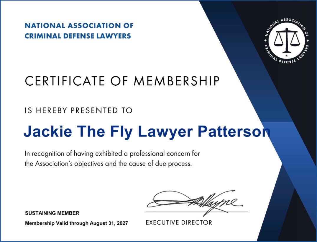 National Association of Criminal Defense Lawyers Certificate of Membership presented to Jackie The Fly Lawyer Patterson as a sustaining member, valid through August 31, 2027
