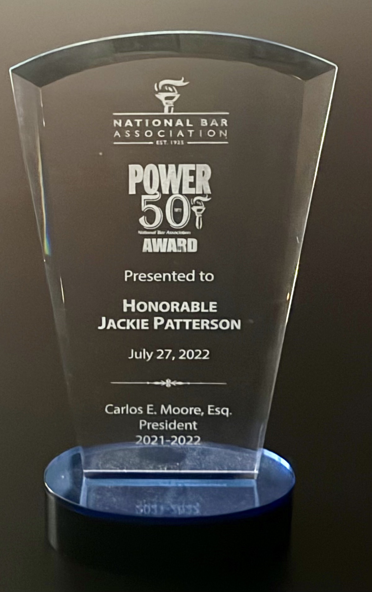 National Bar Association Power 50 glass award presented to the Honorable Jackie Patterson, July 27, 2022