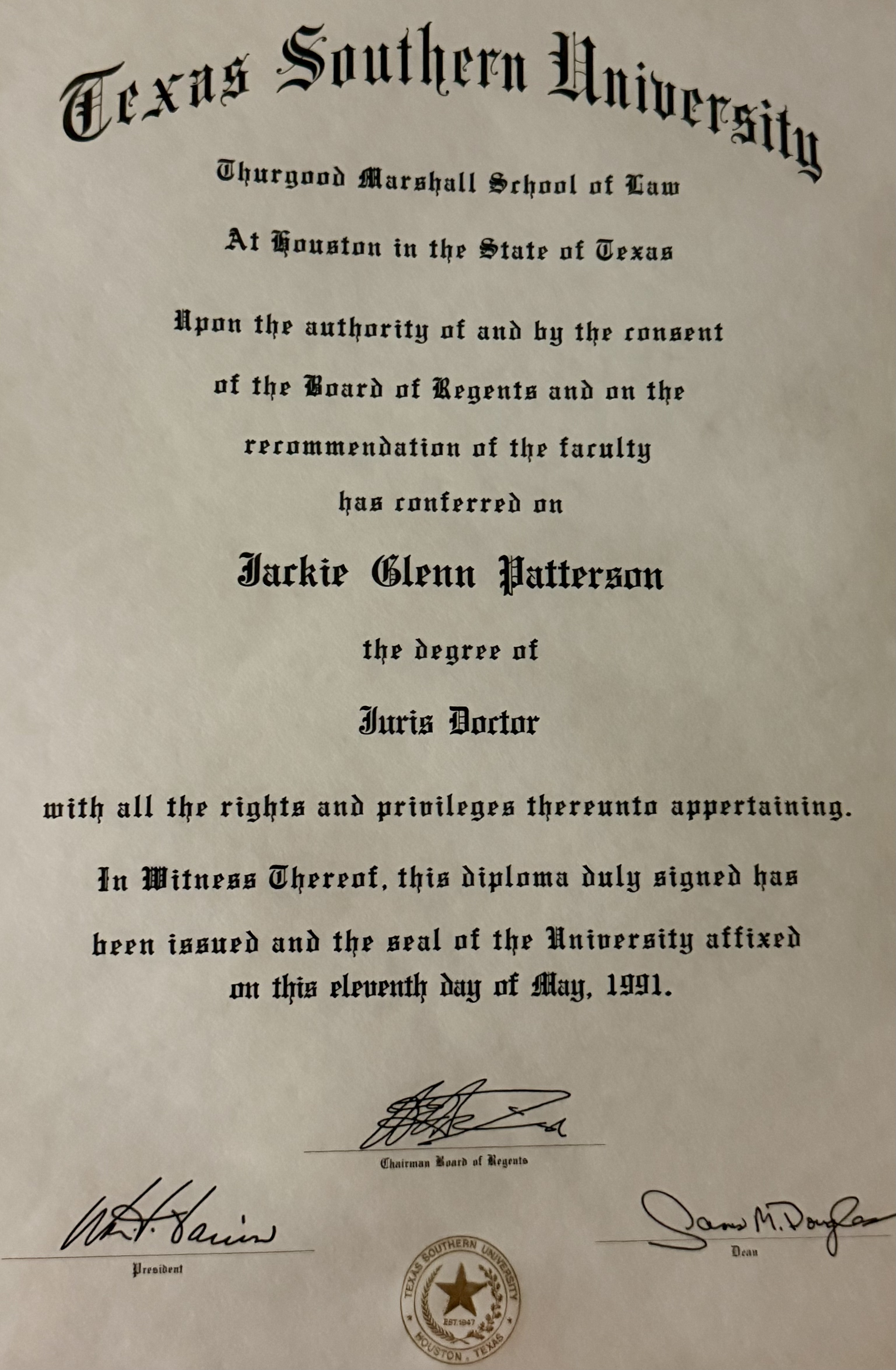 Texas Southern University, Thurgood Marshall School of Law Juris Doctor diploma conferred on Jackie Glenn Patterson, 1991