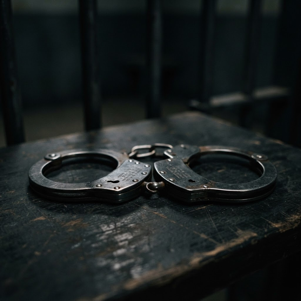 Steel handcuffs resting on a dark surface in front of jail bars