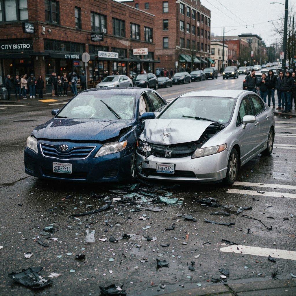 A damaged car with a German license plate after a traffic accident on a US city street